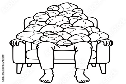 Person Sitting on Sofa Buried Under Pile of Heavy Rocks
