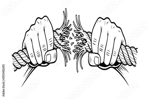 Hands Breaking a Strong Rope Close Up Concept of Stress or Freedom
