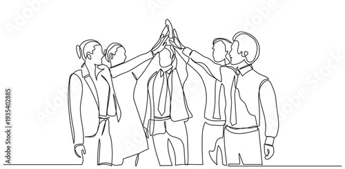 One line drawing of a business team high-fiving, symbolizing teamwork, unity, and success. continuous line businessmen and businesswomen celebrating their successive goals vector illustration