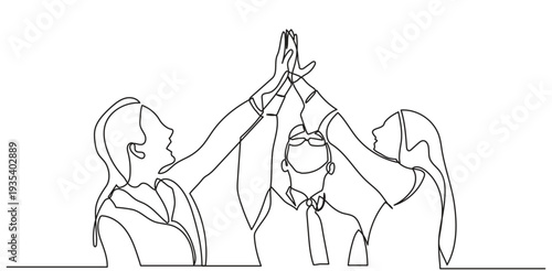 One line drawing of a business team high-fiving, symbolizing teamwork, unity, and success. continuous line businessmen and businesswomen celebrating their successive goals vector illustration