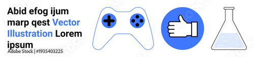 Gaming, approval, laboratory, science, user interface, digital media. Game controller, thumbs-up icon and flask in simple blue and white style. Gaming and approval