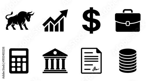 Finance & Business Icon Set – Economic and Investment Illustrations Featuring Bull Market Symbol, Upward Arrow, Dollar Sign, Briefcase, Calculator, Bank, Document, and Coins