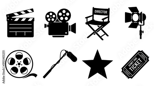Film & Cinema Icon Set – Movie Production Illustrations Featuring Clapperboard, Vintage Camera, Director’s Chair, Studio Light, Film Reel, Boom Mic, Star, and Admit‑One Ticket