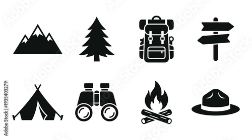 Outdoor Adventure Icon Set – Hiking and Camping Illustrations Featuring Mountain, Pine Tree, Backpack, Signpost, Tent, Binoculars, Campfire, and Ranger Hat for Nature Designs