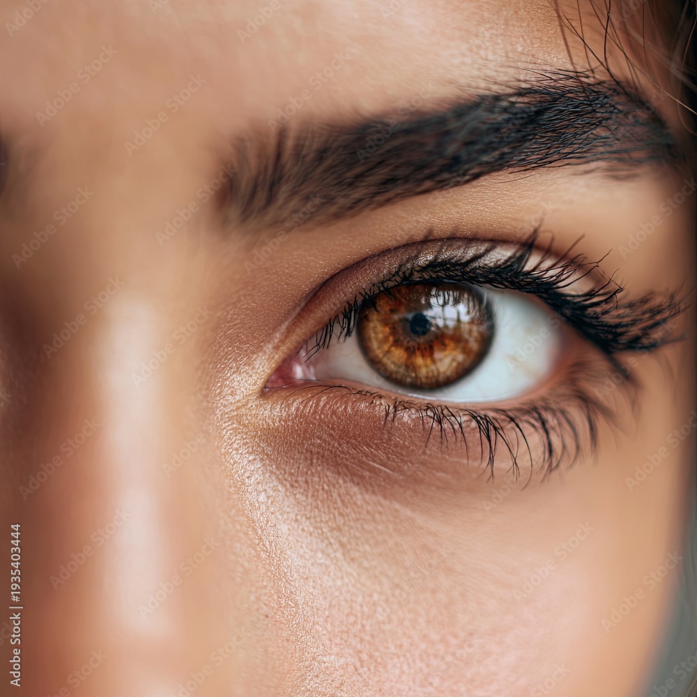 Obraz premium Close-up or face of beautiful young woman with beautiful brown eyes and big pretty eyelashes and eyebrows. Macro of human eyes looking at camera.
