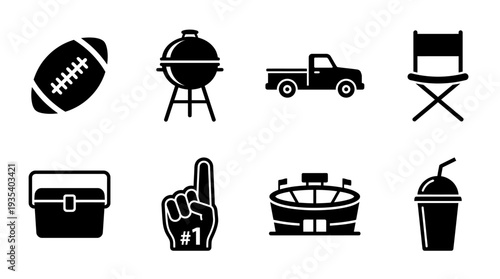 Tailgating Icon Set – Sports Fan Illustrations Featuring Football, Grill, Pickup Truck, Folding Chair, Cooler, Foam Finger, Stadium, and Drink Cup for Game‑Day Designs