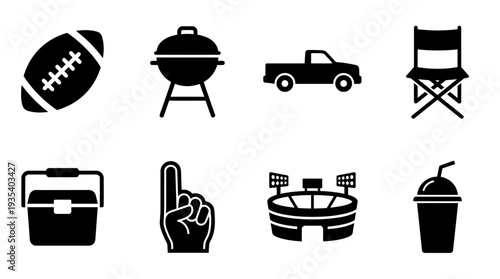Tailgating Icon Set – Sports Fan Illustrations Featuring Football, Grill, Pickup Truck, Folding Chair, Cooler, Foam Finger, Stadium, and Drink Cup for Game‑Day Designs