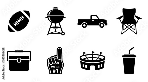Tailgating Icon Set – Sports Fan Illustrations Featuring Football, Grill, Pickup Truck, Folding Chair, Cooler, Foam Finger, Stadium, and Drink Cup for Game‑Day Designs