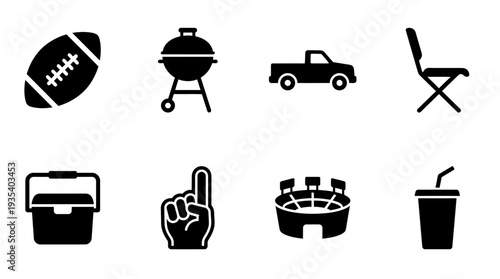 Tailgating Icon Set – Sports Fan Illustrations Featuring Football, Grill, Pickup Truck, Folding Chair, Cooler, Foam Finger, Stadium, and Drink Cup for Game‑Day Designs