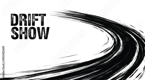 Black drift show racing track with text on isolated white background for motorsport and speed concept
