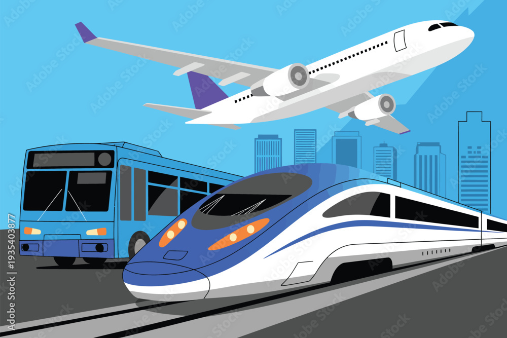 Fototapeta premium Modern Transportation Graphic Design, aerodynamic bullet train bus and jet with blue skyscrapers