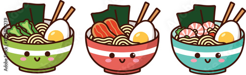Cute kawaii ramen bowl set with smiling faces, Japanese noodle soup vector illustration isolated on light background for food branding and menu design