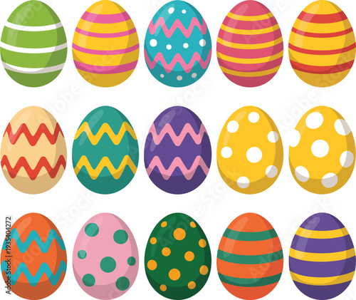 Colorful Easter Eggs Flat Illustration, 15 decorated oval eggs arranged in neat rows with vibrant striped zigzag and polka dot patterns