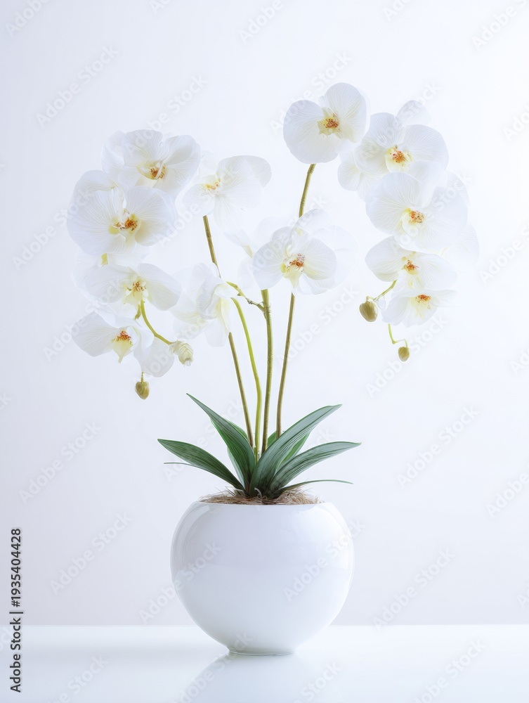 Naklejka premium A beautiful orchid with delicate petals and vibrant green leaves, beautifully arranged in a minimalist white vase.
