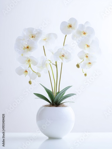 A beautiful orchid with delicate petals and vibrant green leaves, beautifully arranged in a minimalist white vase.