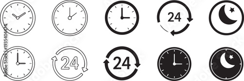Time and Clock Icons Set, Black and White Line Art and Solid Fill Style, for Web Design and App Interface Vector Illustration