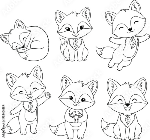 Six cartoon foxes in various poses and actions Black outline coloring book