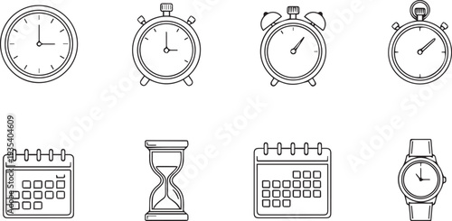 Minimalist time and date icons set. Black and white line art vector illustration featuring clocks, calendars, and hourglass.
