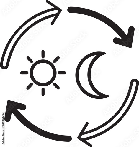 Day and night cycle line art vector illustration showing continuous time rotation with sun and moon icons