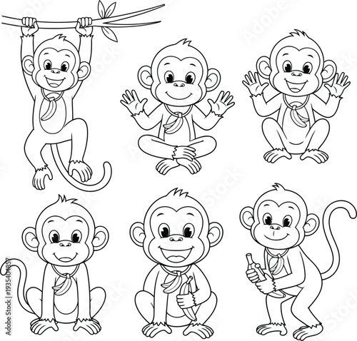Six cartoon monkeys in various poses with bananas Black outline coloring book