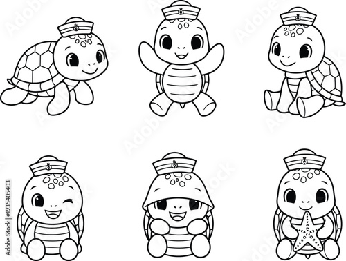 Six cartoon turtles wearing sailor hats in various poses Black outline coloring book
