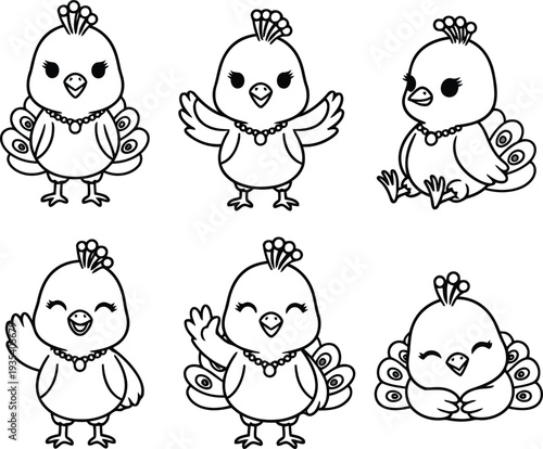 Six cute cartoon peacocks in different poses Black outline coloring book