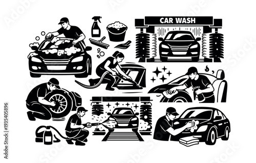 People washing and detailing cars, including manual soaping, tire cleaning, interior vacuuming, machine washing, and polishing