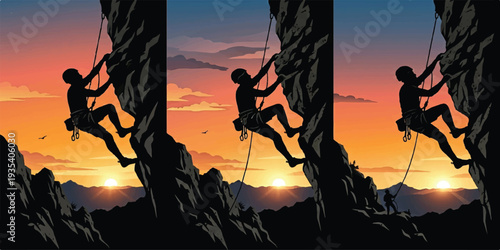 A silhouette of a hiking couple stands on a rocky mountain peak against a vibrant sunset sky celebrating their successful outdoor adventure in nature.