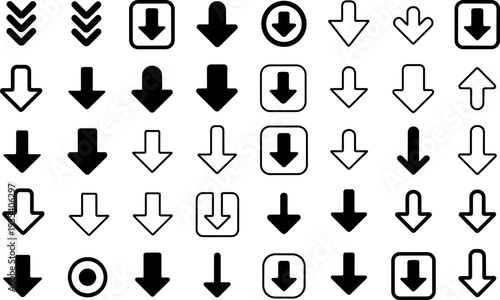 Black and white down arrow icons for digital interfaces, conveying clear direction, download, and navigation with a clean, minimalist aesthetic.