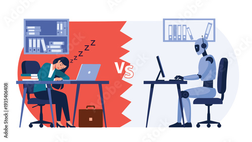 Comparison of tired office woman sleeping at her desk versus efficient tireless humanoid robot working on computer representing future automation.