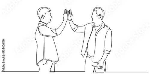 Continuous line drawing of two businessmen celebrating and giving a high five, teamwork, partnership, success, and business achievement. Minimalist line art on a white background.