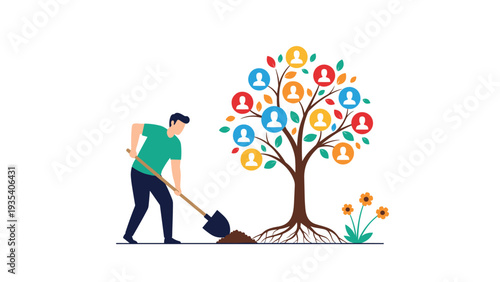 Man using shovel to dig soil and plant growing tree with diverse human faces in colorful fruit circles representing community growth resources.