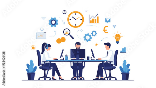 Team of diverse professionals working at desks with laptops under floating icons representing productivity and creative project execution.