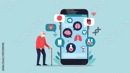 Senior man with walking stick standing next to giant smartphone displaying medical icons representing telehealth services and mobile healthcare.
