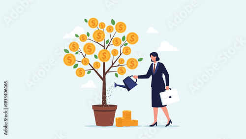 Businesswoman using watering can to nurture money tree with gold coin fruits representing investment growth and long term wealth management.