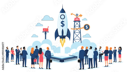 Group of diverse business professionals watching powerful rocket with dollar sign blast off representing successful startup launch and growth.