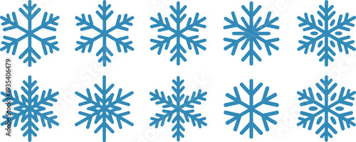 Various blue snowflake icons, symbolizing winter's cold beauty and festive cheer, presented with bright, clean digital style on white.