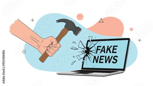 Human hand wielding wooden hammer to smash laptop screen displaying fake news text representing fight against misinformation and propaganda.