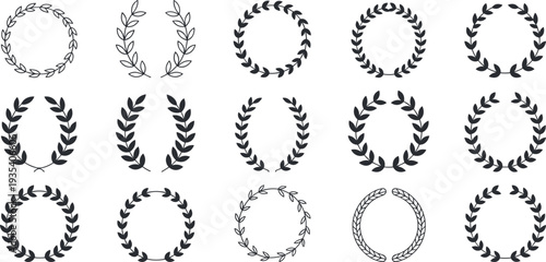 Elegant laurel wreaths and olive branch frames, vector illustrations symbolizing victory, honor, and achievement, presented on white.