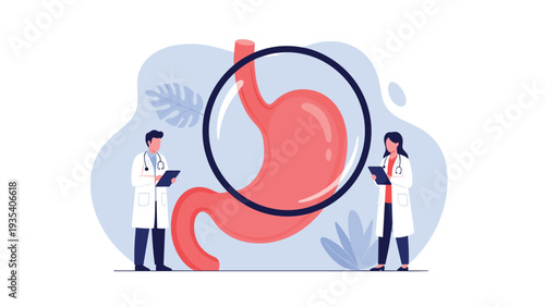 Male and female doctors standing next to giant human stomach model inspected through magnifying glass representing gastroenterology research.