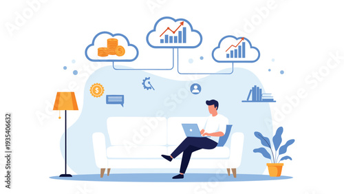 Man sitting on sofa using laptop with floating cloud icons displaying coins and growth graphs representing remote financial management services.