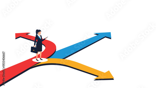 Businesswoman with briefcase standing at crossroad of colored arrows while looking at smartphone representing strategic career decision making.