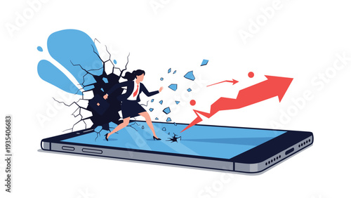 Businesswoman breaking through glass screen of giant smartphone and running alongside red upward arrow representing digital career breakthrough.