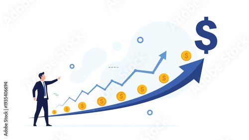 Businessman pointing towards large blue upward arrow and floating gold coins on financial graph representing successful stock market investment.