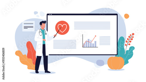 Doctor presenting medical heart data and health charts on large digital screen during healthcare seminar or conference.