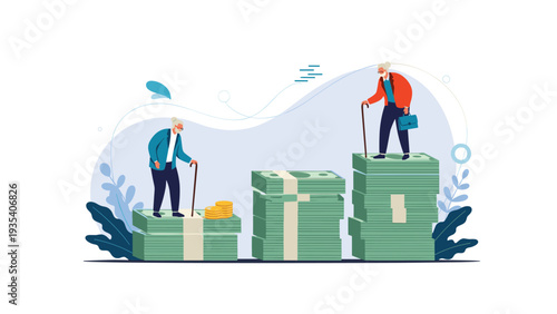 Senior people standing on stacks of cash money representing different retirement savings levels and financial stability.