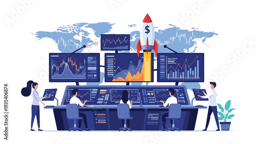 Business team monitoring financial markets and stock charts on multiple screens with rocket launch symbolizing growth.