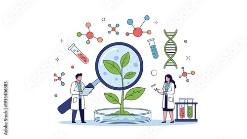 Scientists examining green plant with magnifying glass in laboratory surrounded by chemical formulas and test tubes.