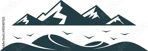 A professional vector illustration of mountains, waves, and soaring birds, evoking freedom, adventure, and tranquility in a bright natural setting.