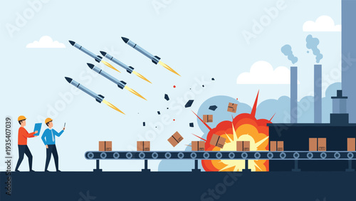 Workers watching missiles destroying boxes on factory conveyor belt representing manufacturing risks or war impact.
